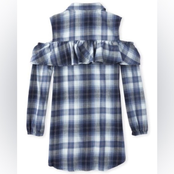 The Children's Place Girls Lake Blue Plaid Cold Shoulder Shirt Dress. Size 5/6 - Picture 4 of 12